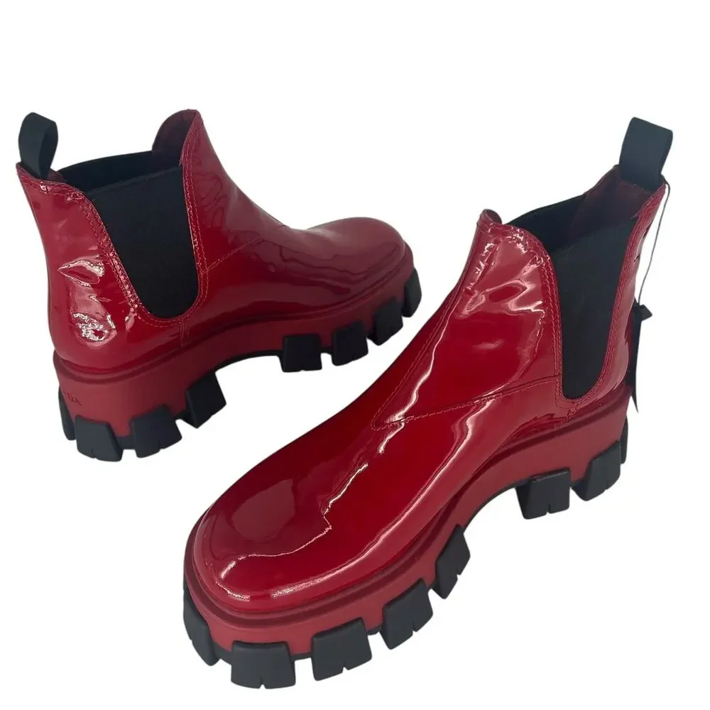 Prada Patent Leather Monolith Booties in Rosso Red - Picture 4 of 16
